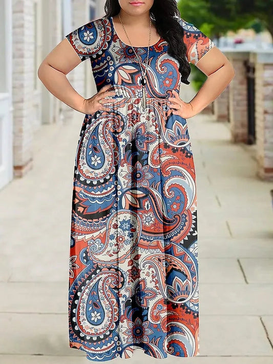 Women's Plus Size A Line Casual Dress Peacock Feather Maxi Dress Short Sleeve Print Crew Neck Spring Summer S-5XL