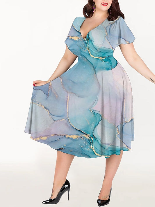 Women's Plus Size Casual Dress A Line Dress Marbling Midi Dress Short Sleeve Print V Neck Elegant Party Blue Summer Spring