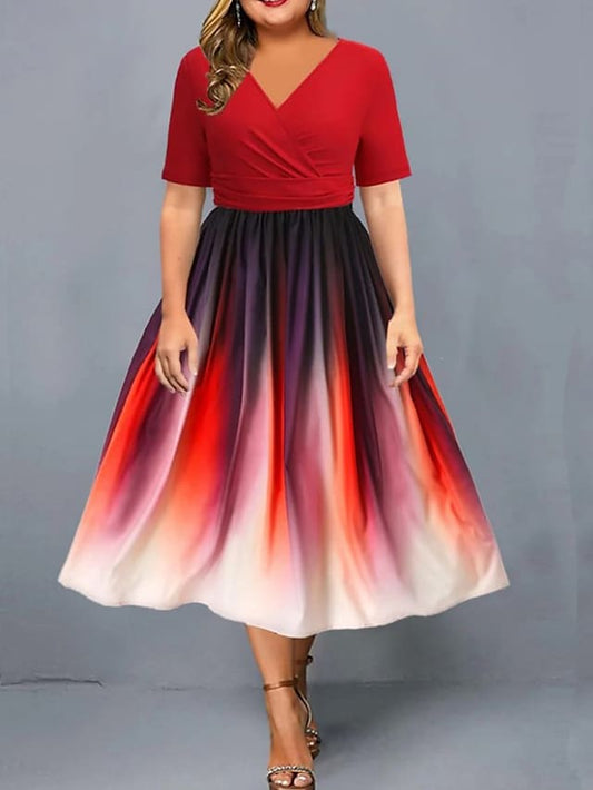 Women's Plus Size Party Dress Swing Dress Gradient Midi Dress Short Sleeve Print V Neck Fashion Party Red Blue Summer Spring